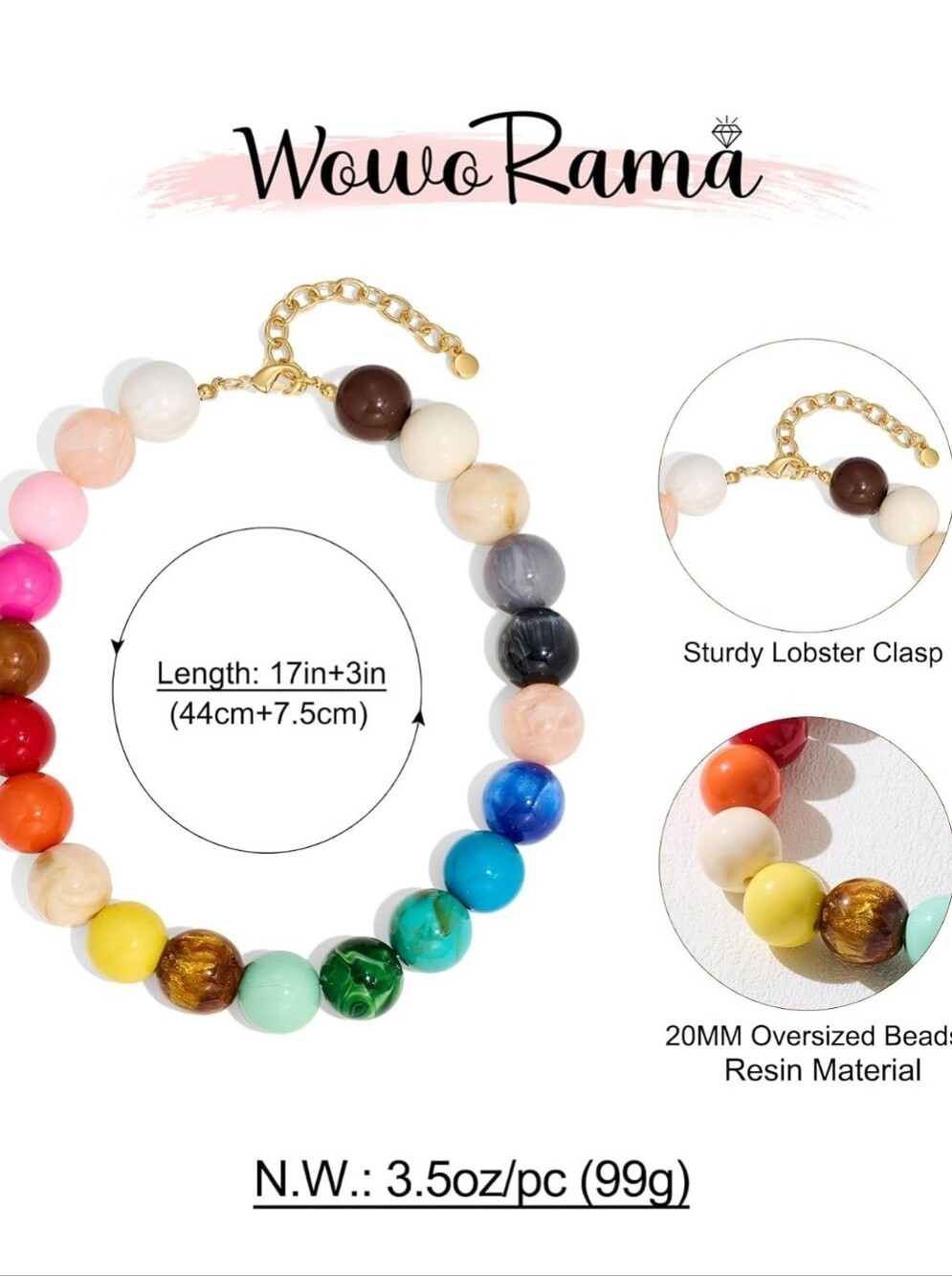 Multi Color Resin Bead Rainbow Statement Necklace Gold Chain - Picture 6 of 7